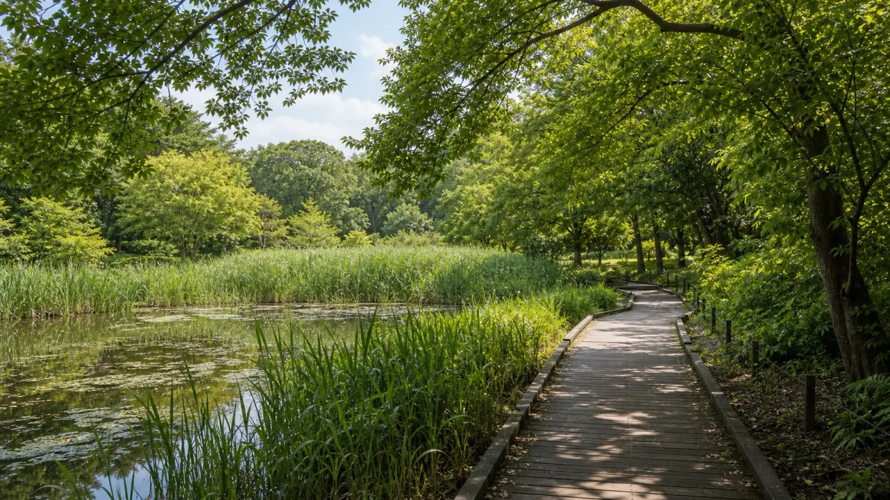 川口自然公園を思わせる湿地と池と木道のある緑の公園風景
