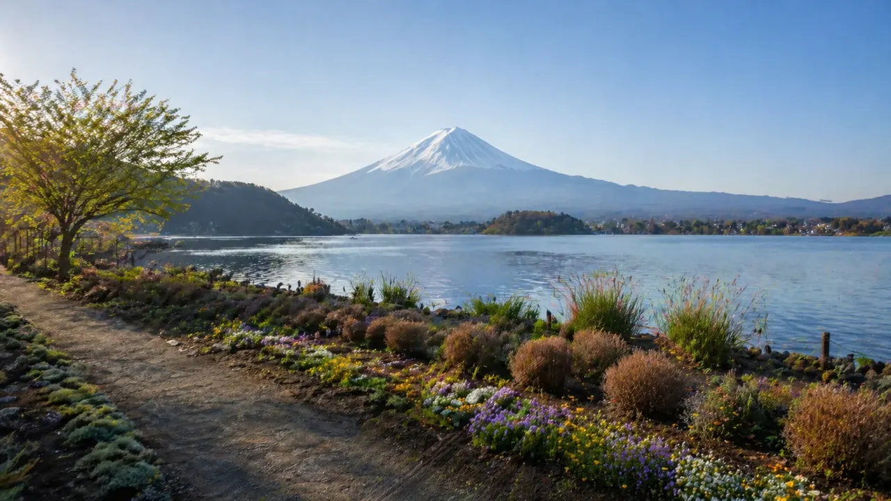 【河口湖・大石公園】湖と富士山を正面に見る、朝の短時間さんぽ
