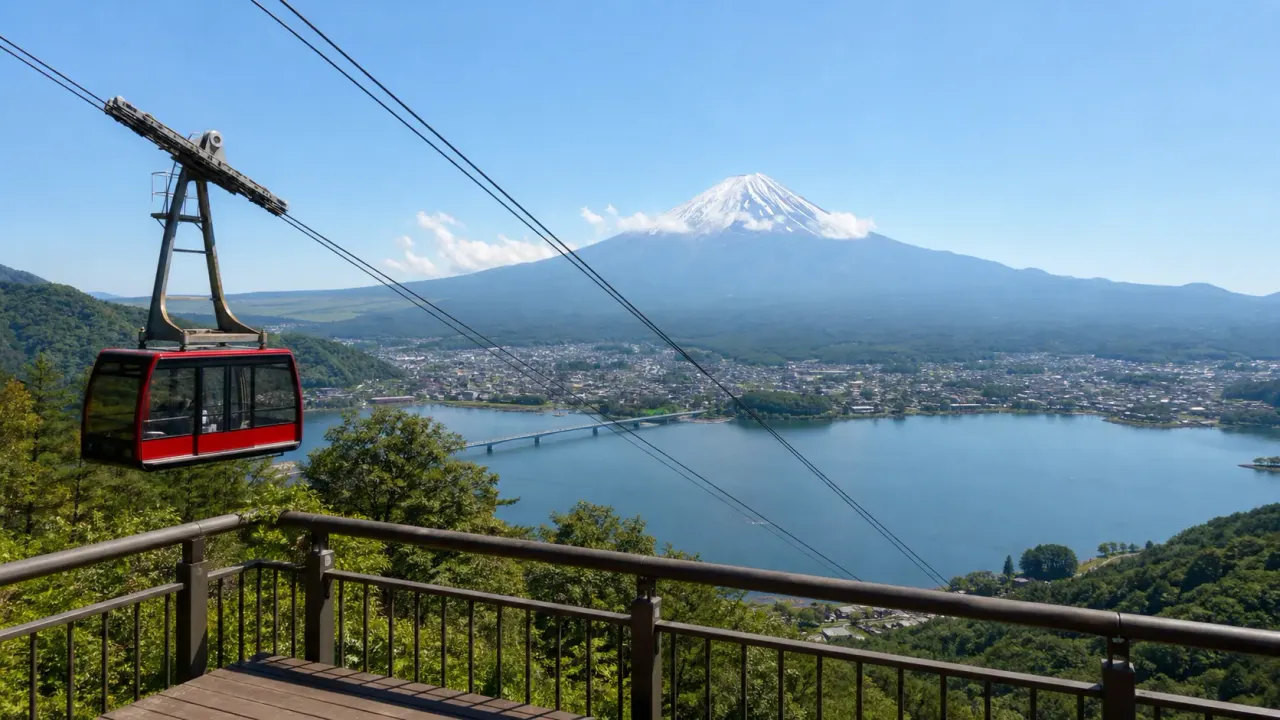 河口湖を見下ろす天上山公園の展望台と富士山、ロープウェイをイメージしたカバー画像