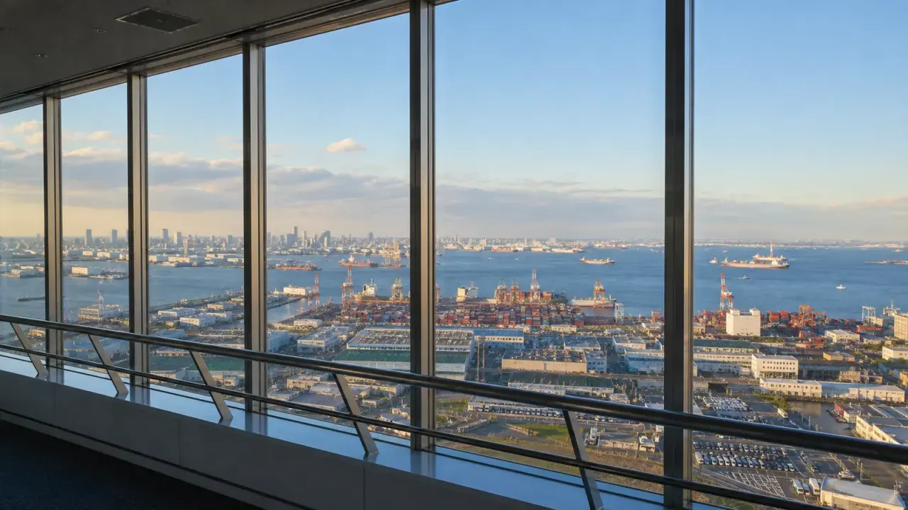川崎マリエン展望室をイメージした、港湾と東京湾、コンテナ船を見渡す明るい展望風景