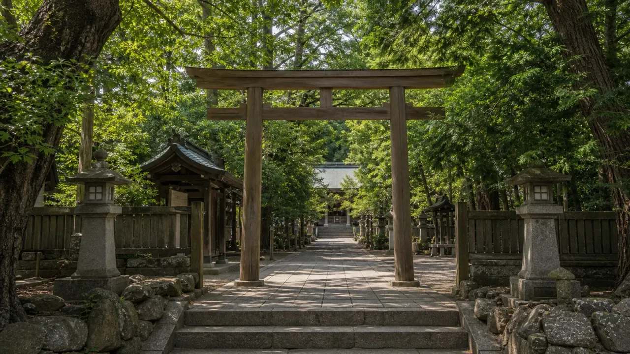 川勾神社をイメージした、木漏れ日の参道と社殿、静かな相模国二之宮の風景