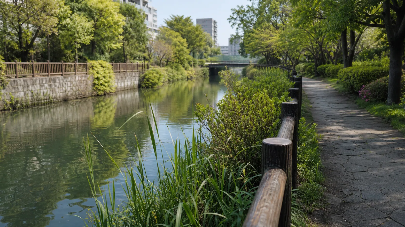 運河沿いの植栽と遊歩道の近景のイメージ