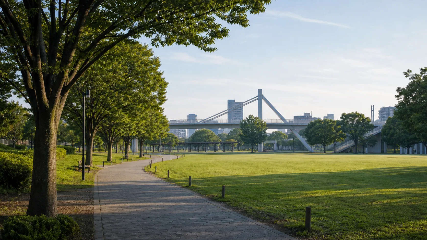 緑の広場と橋のある公園散歩のイメージ