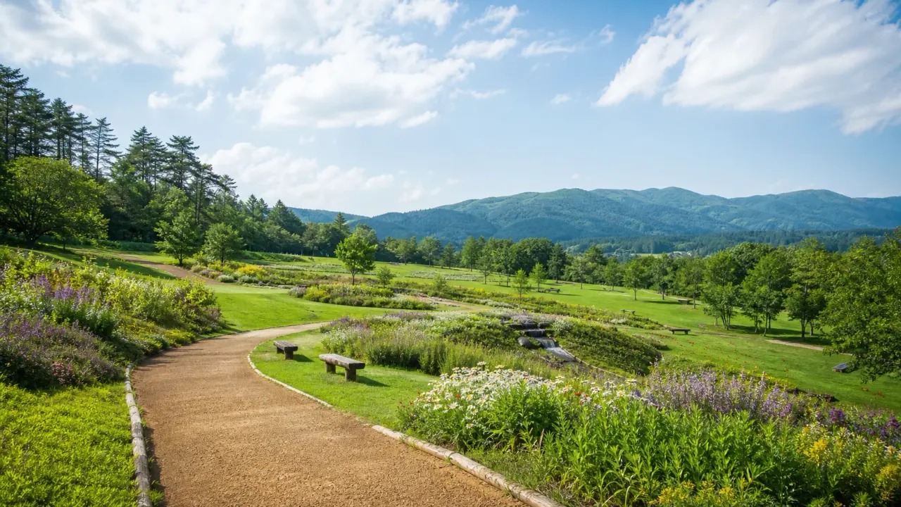 北信州の山並みを背景に、花畑と芝生の園路が広がるやまびこの丘公園の初夏のイメージ