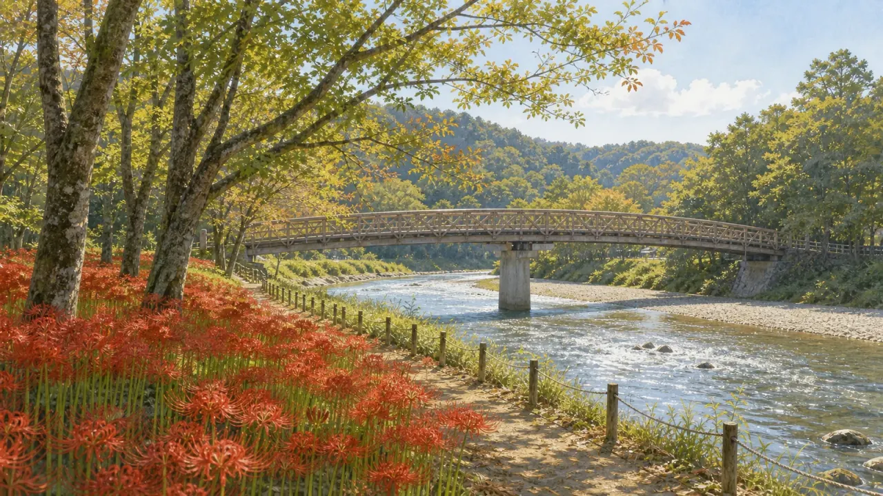 埼玉県日高市の巾着田曼珠沙華公園を歩く散歩記事。高麗川、あいあい橋、曼珠沙華群生地、春の桜と菜の花、秋の混雑対策を半日目線でまとめます。