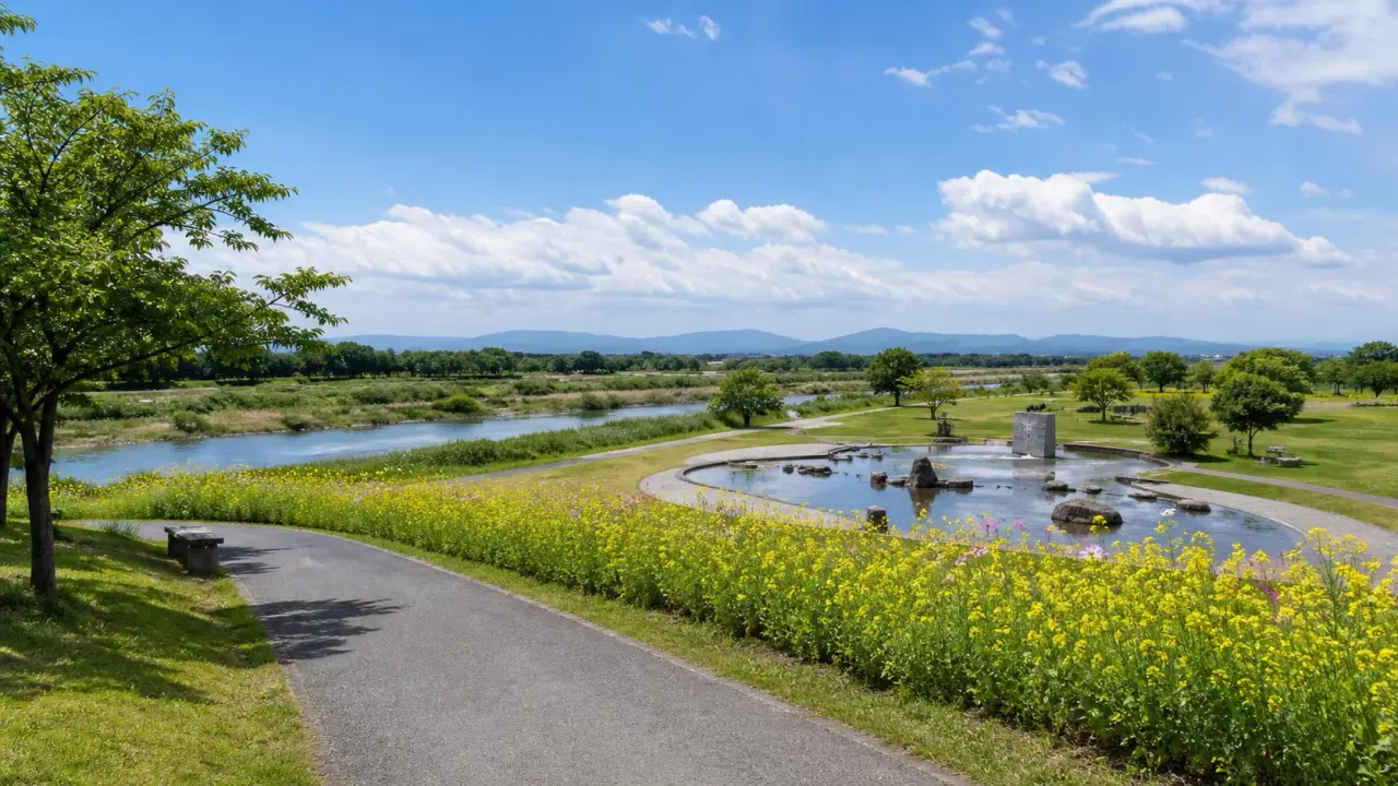 高根沢町の鬼怒グリーンパークを思わせる鬼怒川沿いの芝生、水辺、花畑の園路をイメージしたカバー画像