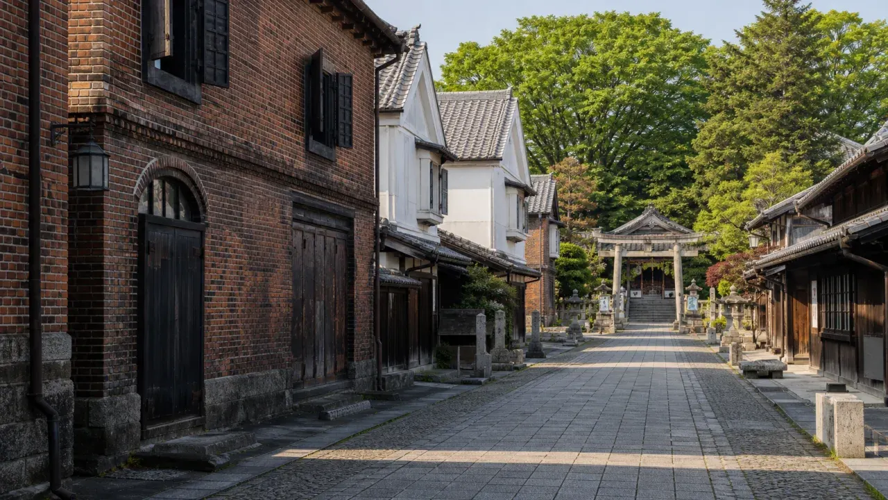 桐生市有鄰館のレンガ蔵と白壁の蔵、桐生天満宮への通りをイメージしたカバー画像