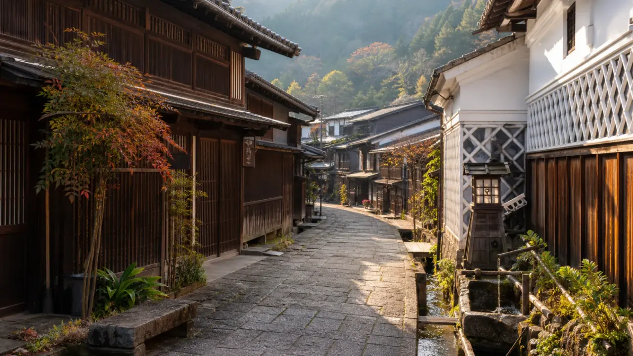 木曽福島の上の段を思わせる千本格子の町並みと石畳、水場が続く宿場町のイメージ
