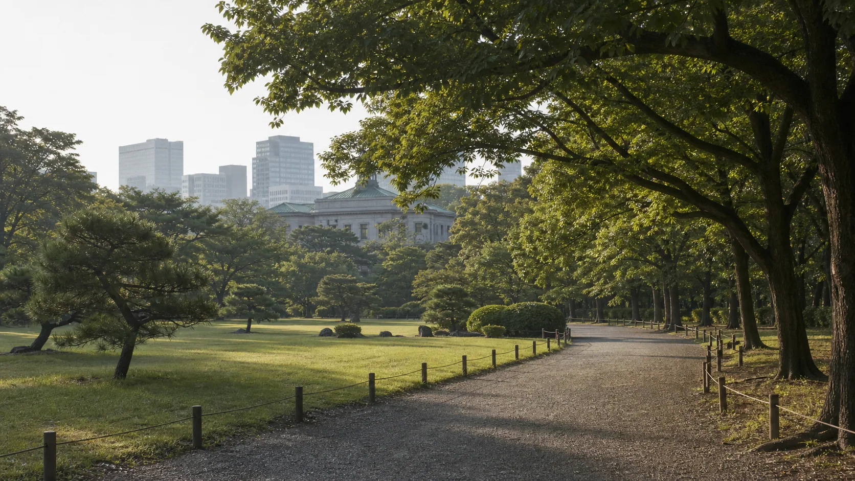 都心の文化施設そばに広がる緑の公園のイメージ