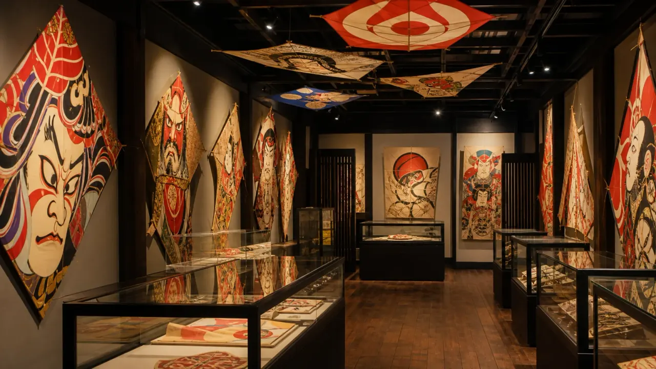 凧の博物館をイメージした、江戸凧が並ぶ小さな展示室のカバー画像