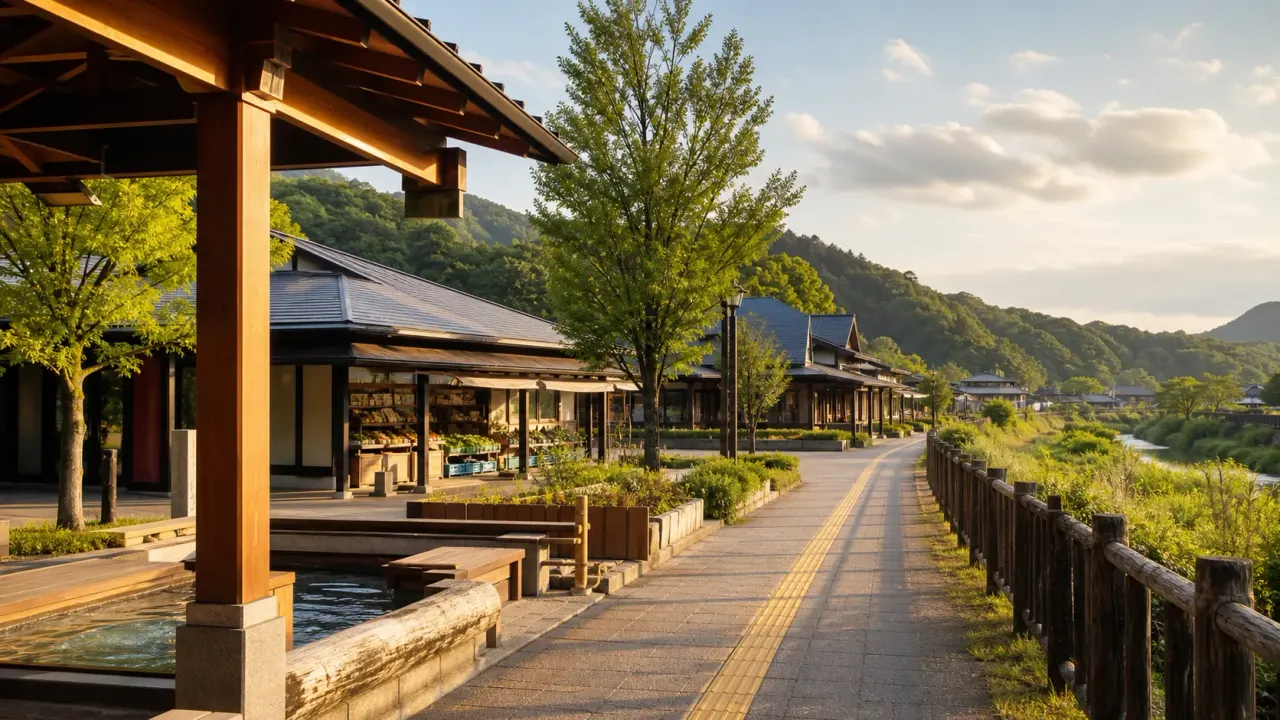 道の駅きつれがわを思わせる温泉足湯と直売所、川沿いの道が続く喜連川散歩のカバー画像