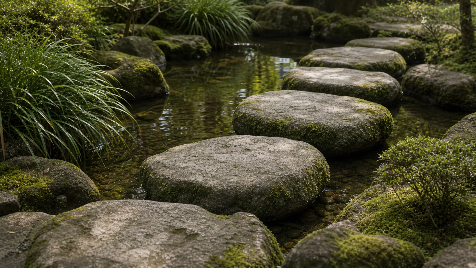 水辺に並ぶ飛び石と苔の近景のイメージ
