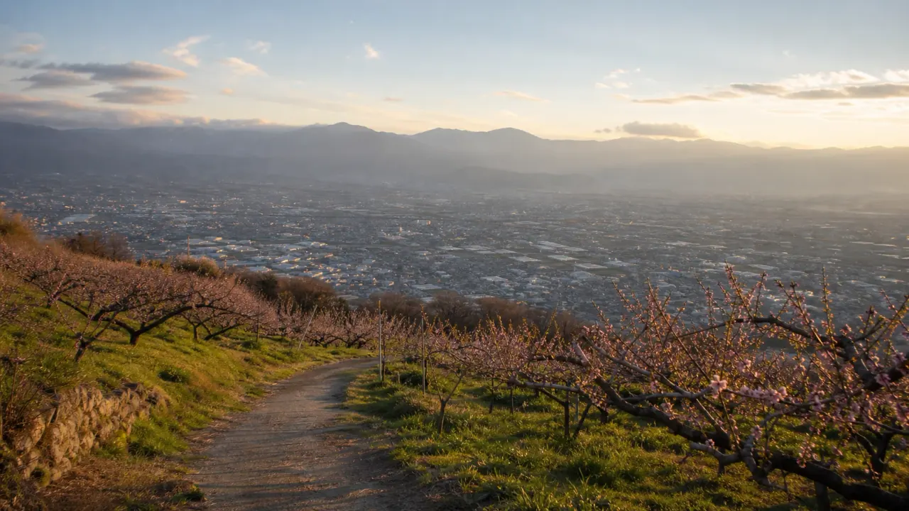 夕方の丘から甲府盆地を見下ろす山梨の風景をイメージしたカバー画像