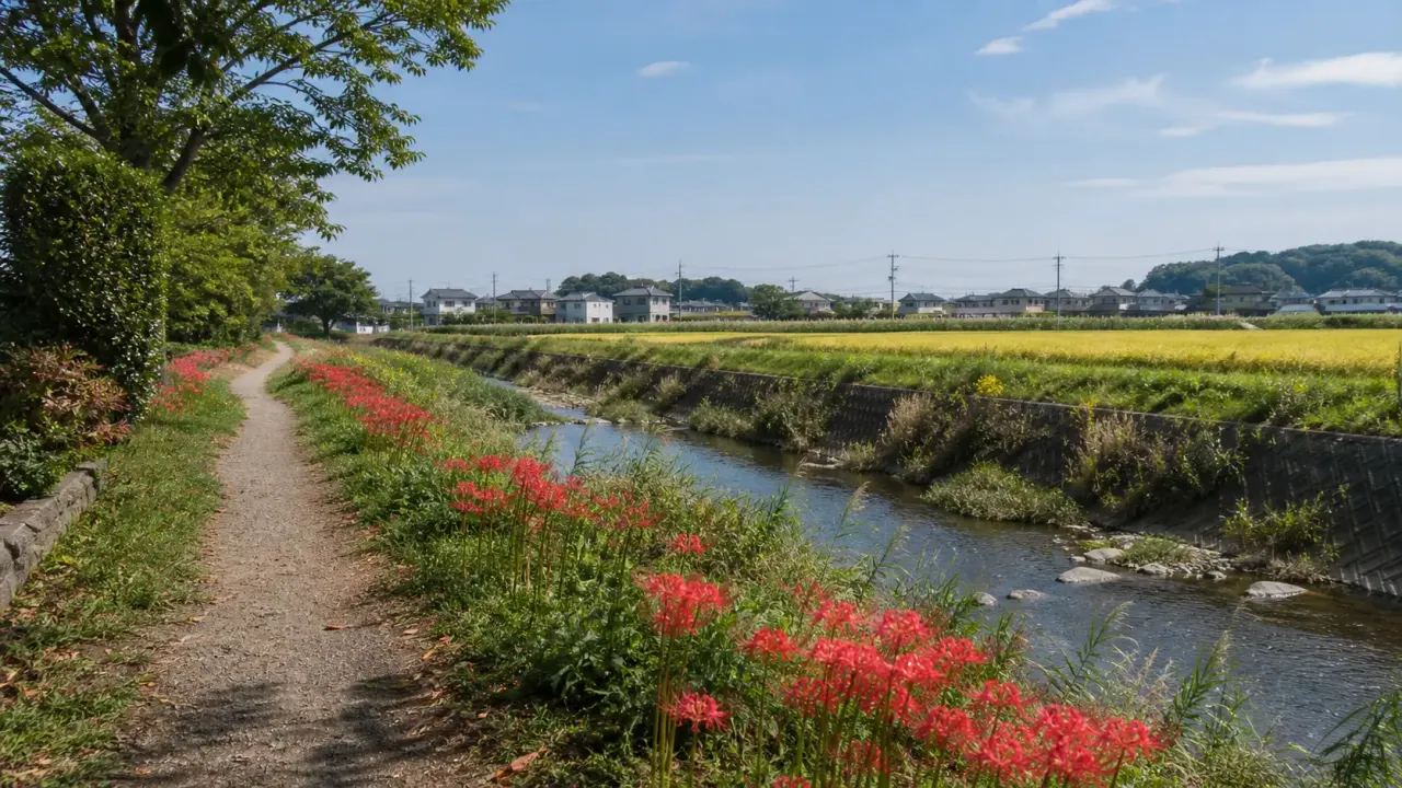 藤沢市遠藤周辺の小出川沿いで、彼岸花の季節に歩きたい散歩を紹介。田畑と水辺が近い道を、秋の花とあわせて静かに味わう1時間半コースです。