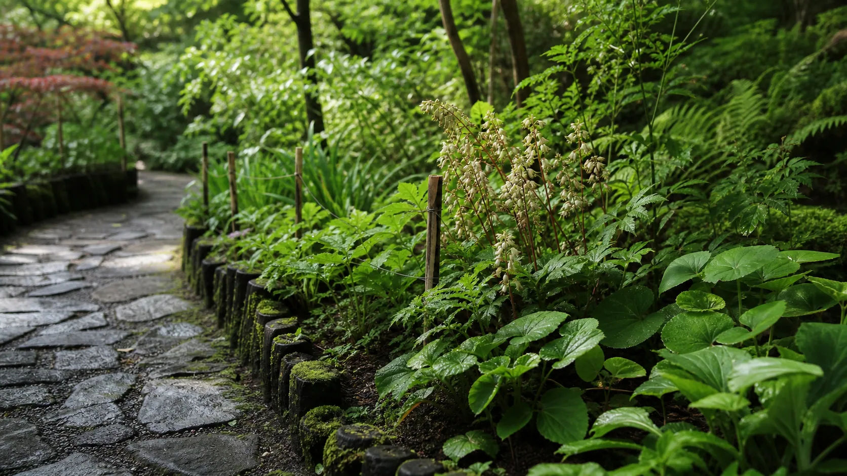 植物が茂る小径と低い木柵の近景のイメージ