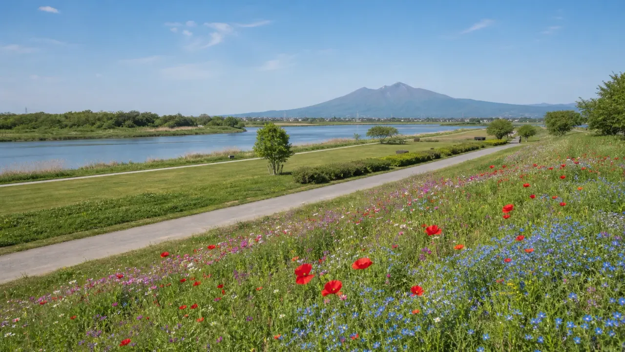 茨城県下妻市のホーミックふれあい公園（小貝川ふれあい公園）で、花畑、小貝川の堤防、筑波山の眺めを楽しむ散歩ガイド。ポピーやコスモスの季節だけでなく、川辺の開放感を味わう日帰りコースです。