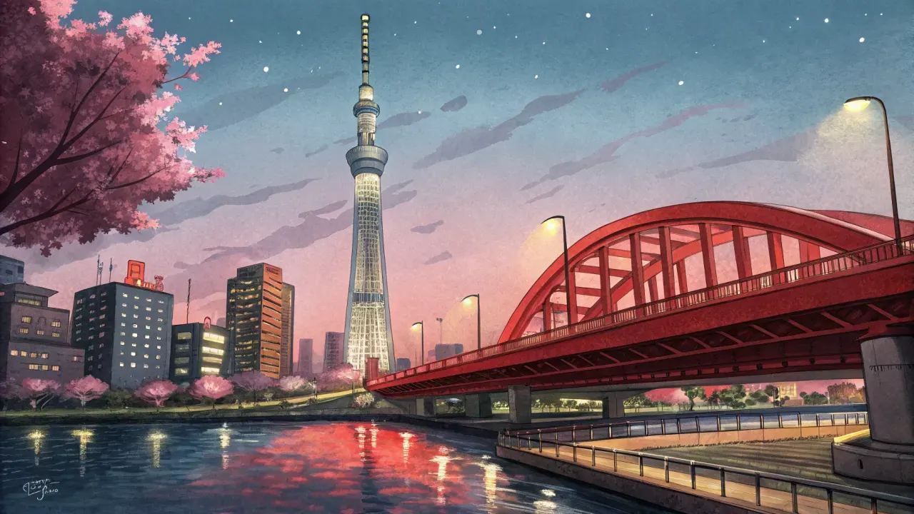 スカイツリーの夜景を静かに楽しめる穴場・駒形橋の魅力と行き方を紹介。浅草の喧騒から離れて、隅田川にかかる橋から夜風と絶景を独り占めできます。