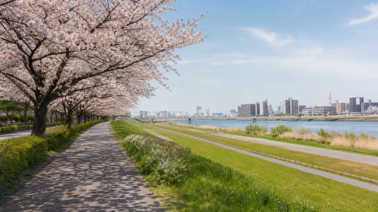江戸川区の小松川千本桜を、東大島駅から荒川沿いへ歩く散歩コースとして紹介。約2kmの桜並木と川風を楽しめる無料スポットです。