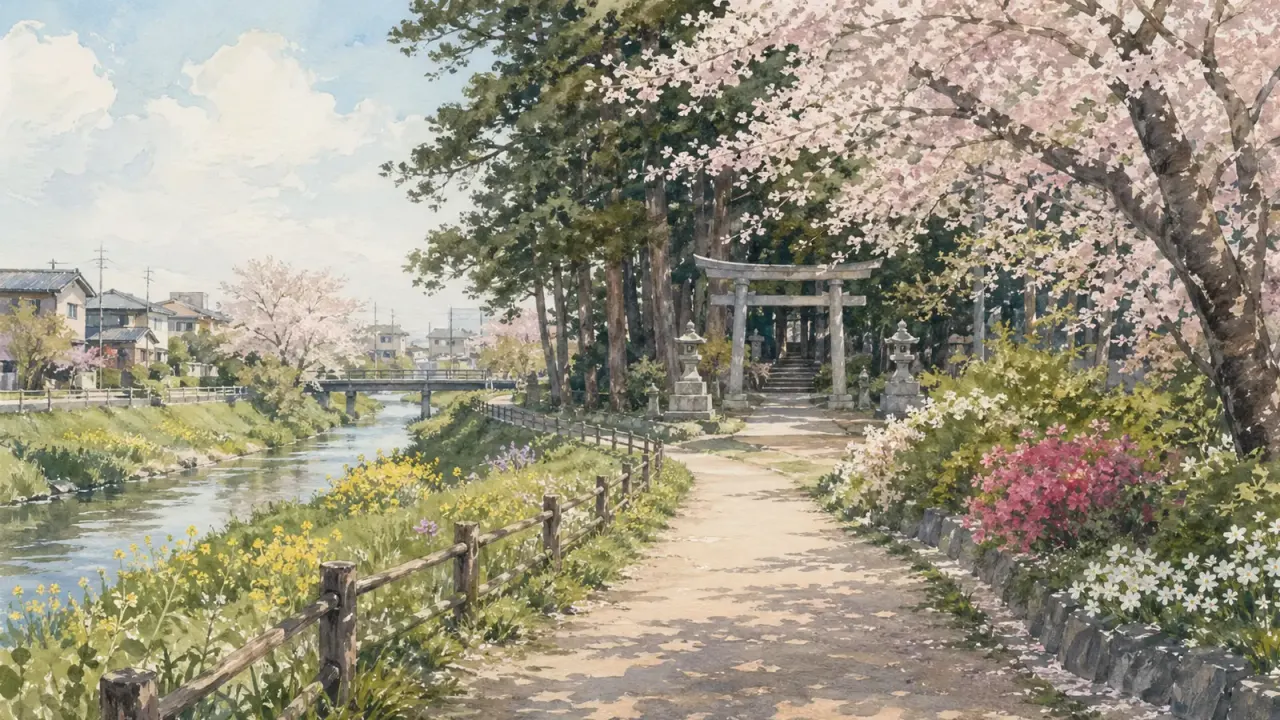 越谷の元荒川緑道と久伊豆神社を組み合わせた散歩ガイド。北越谷・越谷から歩ける水辺、神社参拝、季節の花、アクセス情報をまとめます。