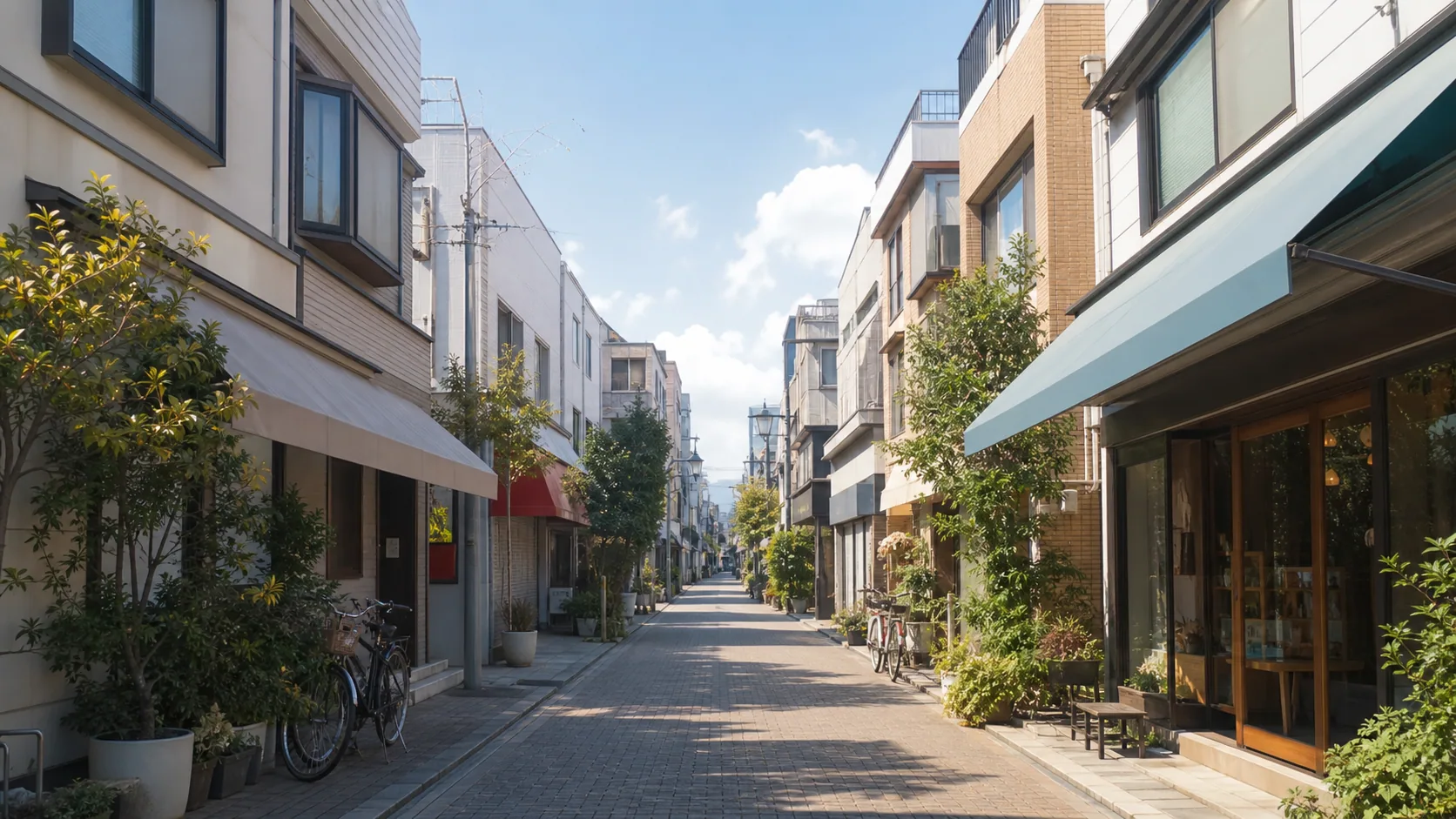 低層の商店街風の通りを歩く空気感のイメージ