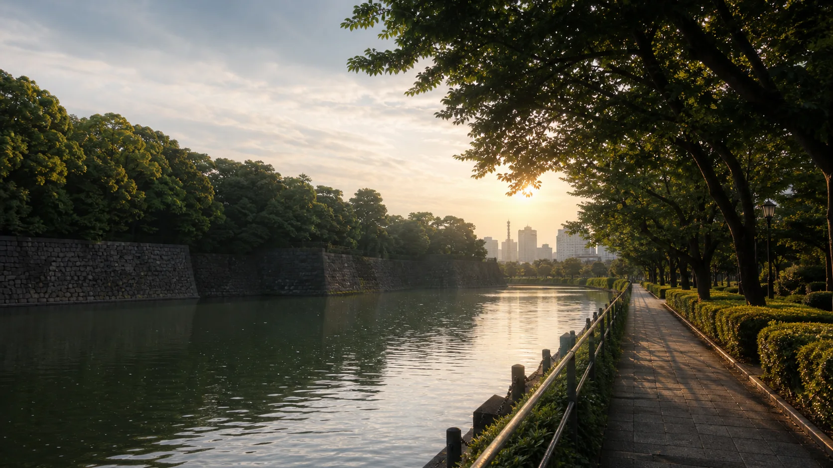 お濠沿いの水辺で散歩を終える夕方のイメージ