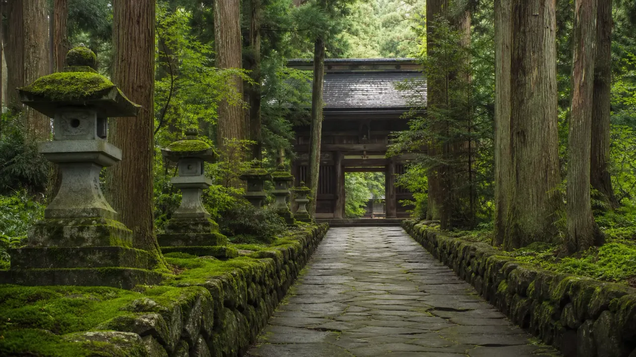 駒ヶ根の光前寺を思わせる杉木立、石灯籠、苔の参道が続く古刹のイメージ画像
