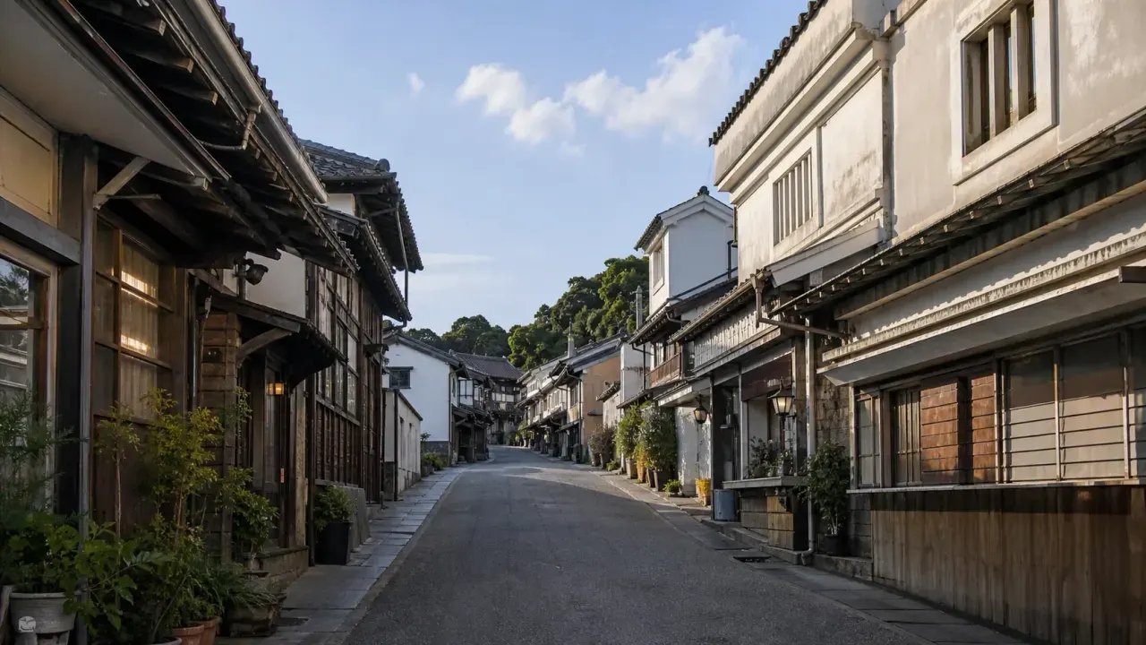 常陸太田市の鯨ヶ丘商店街で、古い店蔵と木造建築が並ぶ坂道のレトロな街並み