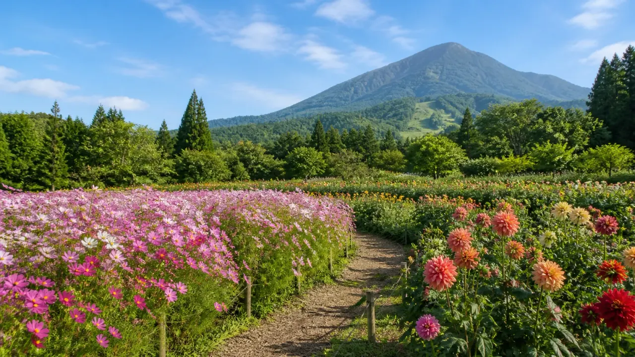 黒姫高原を思わせる花畑の小道と黒姫山の高原風景をイメージしたカバー画像