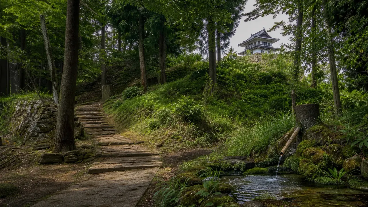 森の石段の先に久留里城の天守風建物が見える城址の道