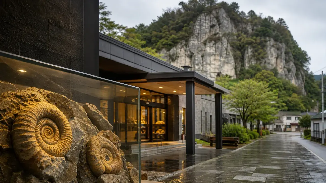 葛生の石灰岩の山並みを背景に、化石展示と博物館の静かな入口を思わせる風景