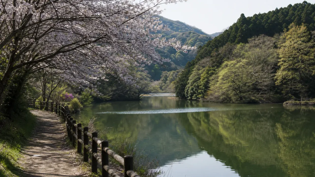 山あいの静かなダム湖と春の花を眺める佐久間ダム湖親水公園さんぽのイメージ