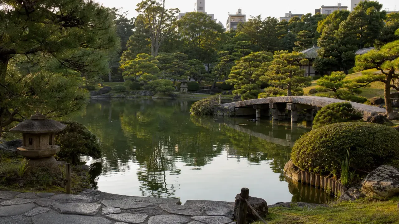 墨田区両国の旧安田庭園を、心字池、潮入り池泉回遊式庭園、夕方のライトアップを中心に歩く散歩ガイド。無料で立ち寄れる静かな日本庭園です。