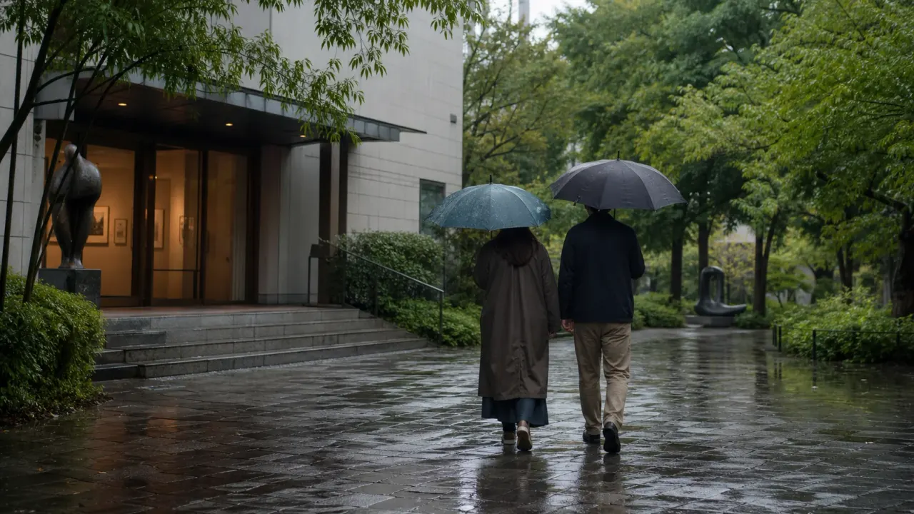 雨の町田駅周辺で、文学館や美術館へ向かう静かな文化散歩をイメージした編集写真風カバー画像