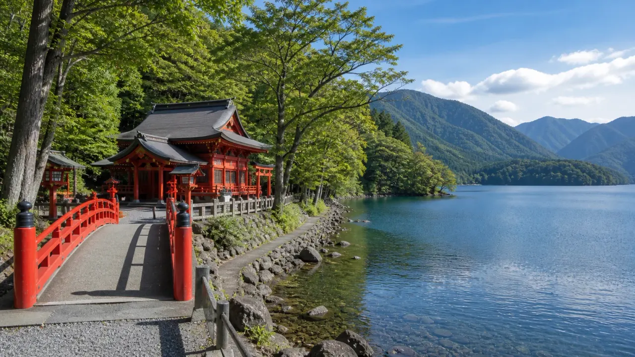 赤城大沼の湖畔、赤城神社の朱い社殿、山並みをイメージしたカバー画像