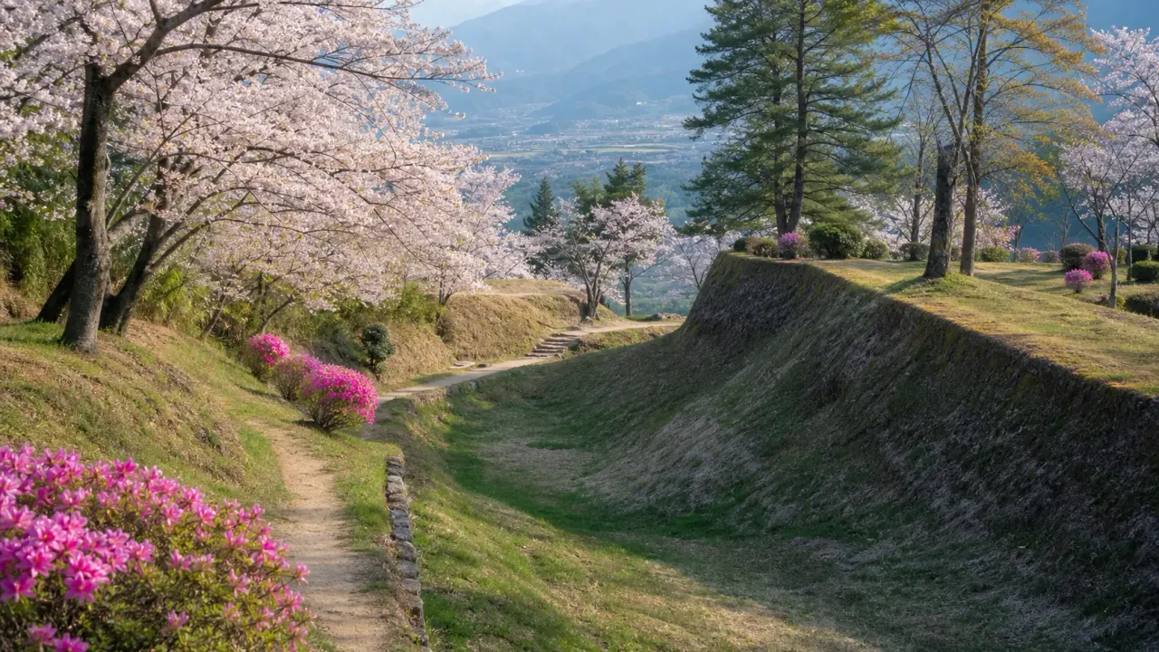 伊那谷を望む城跡公園の土塁と堀、桜とツツジの園路を歩く台城公園のイメージ