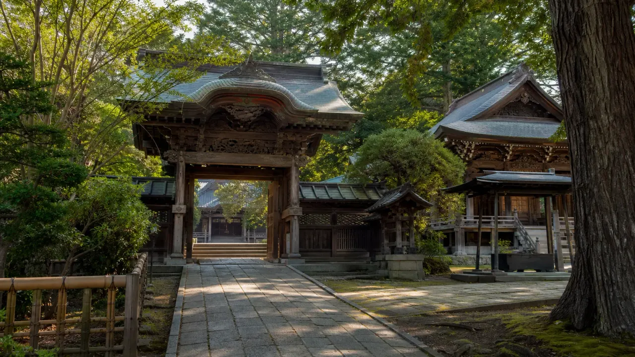 妻沼聖天山を思わせる木陰の参道と彫刻のある寺院建築