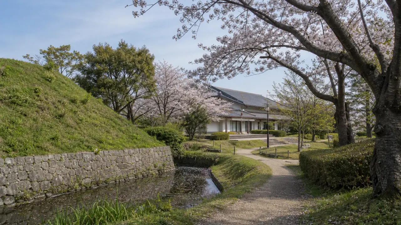 城跡公園の土塁と堀、資料館へ続く静かな園路をイメージした壬生町城址公園のカバー画像