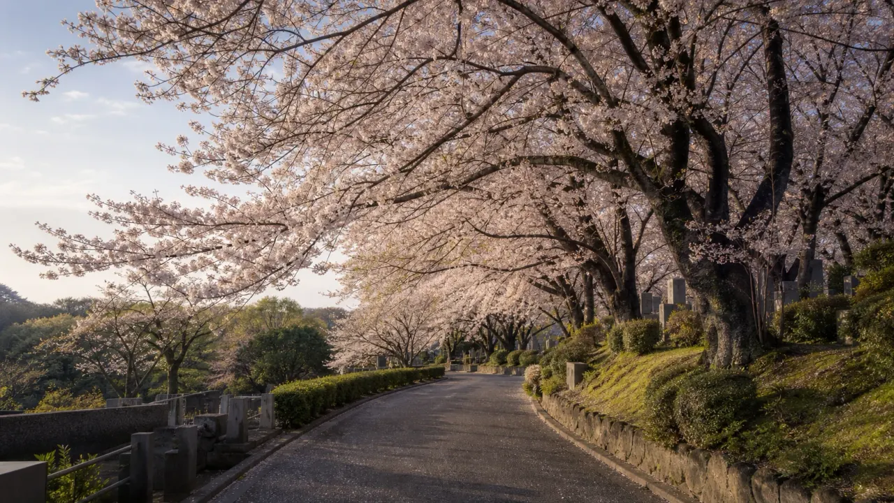 緑ヶ丘霊園を思わせる丘陵地の桜並木と静かな園路を歩く春散歩のイメージ
