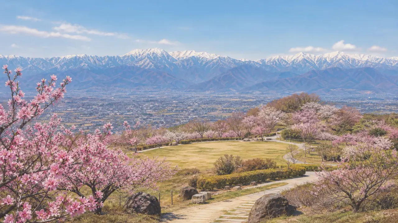 桃の花が咲く丘の公園から甲府盆地と山並みを眺めるイラスト