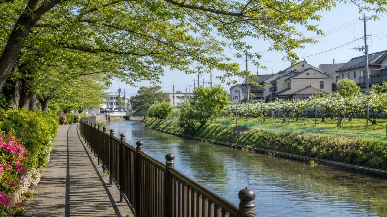 稲城の三沢川沿いと梨畑のある住宅街をイメージした、穏やかな水辺散歩のカバー画像