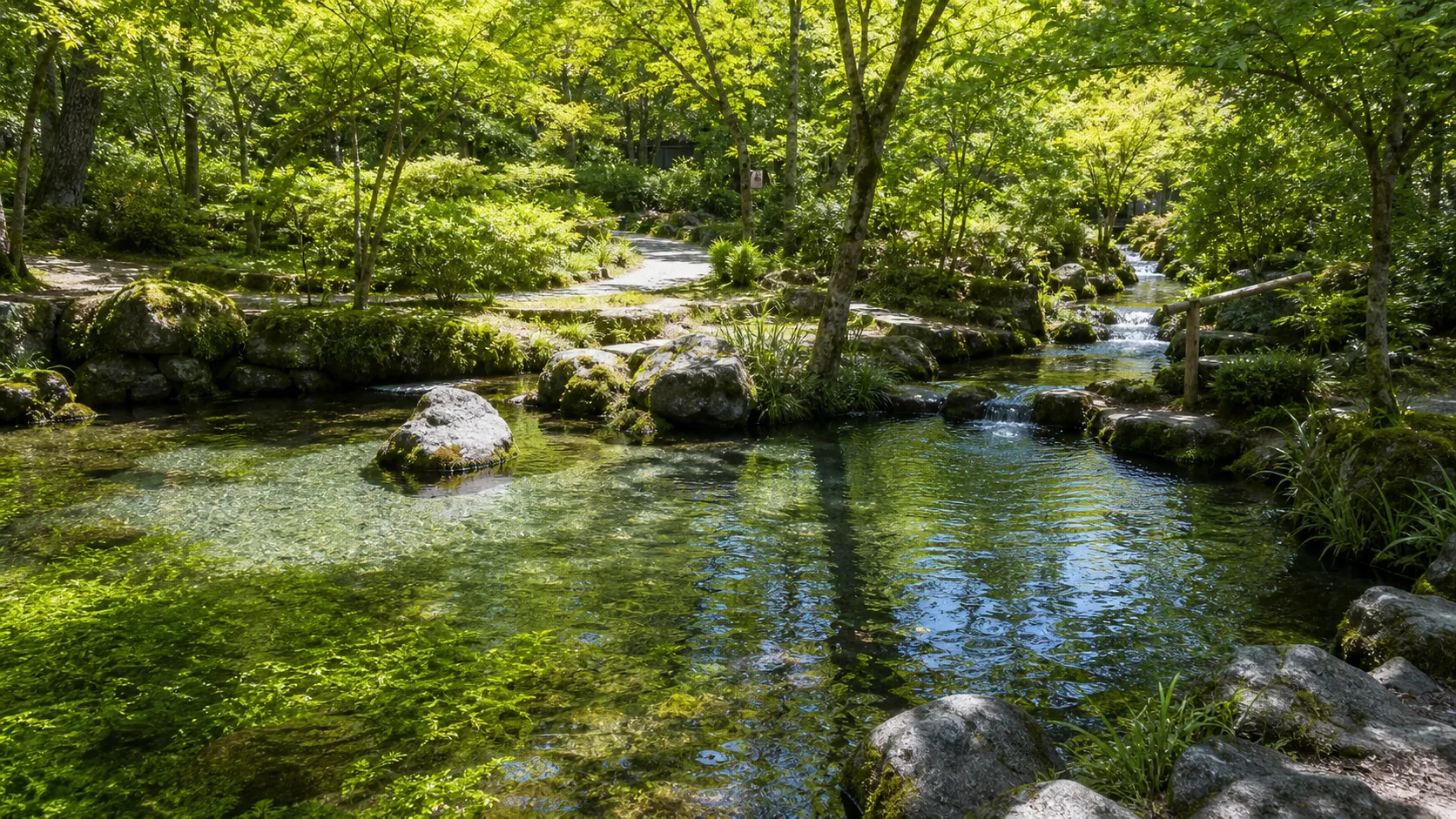 緑の庭園と澄んだ水辺のイメージ