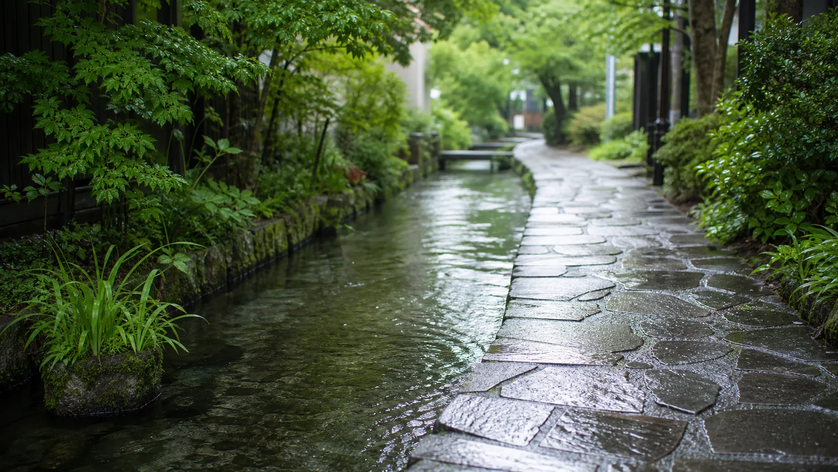 雨上がりの石畳と澄んだ水路のイメージ