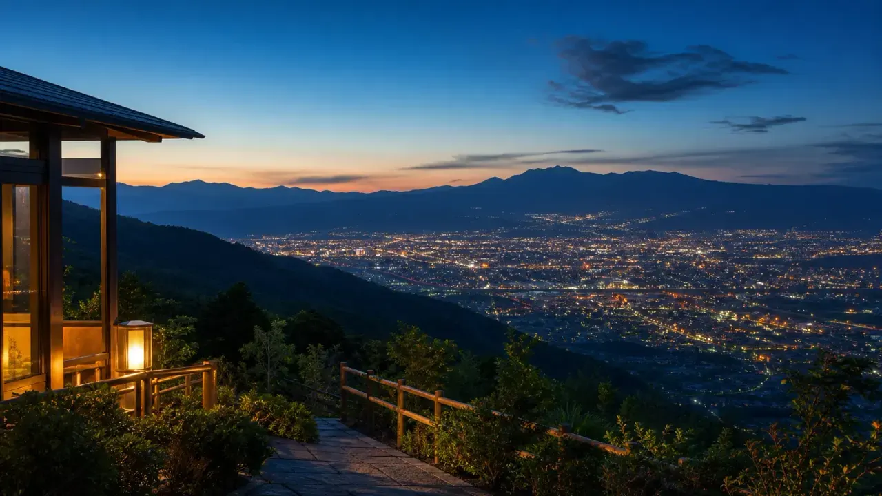 甲府盆地の夜景を見下ろす丘の温泉施設をイメージしたカバー画像