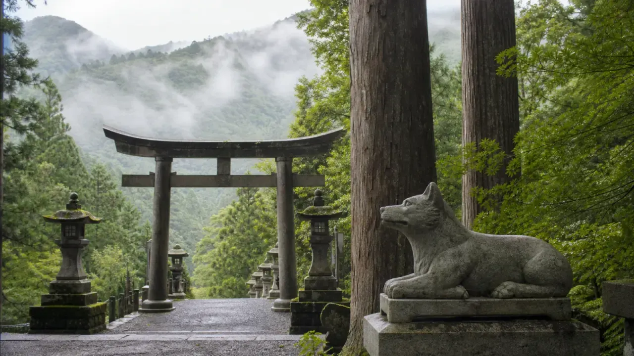 秩父の山の緑に囲まれた三峯神社の鳥居と参道