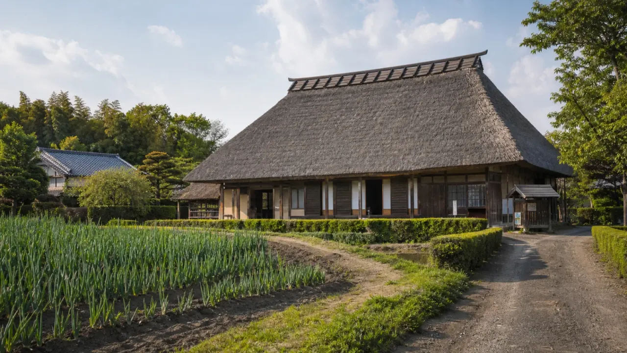 三富新田の畑と旧島田家住宅の茅葺屋根