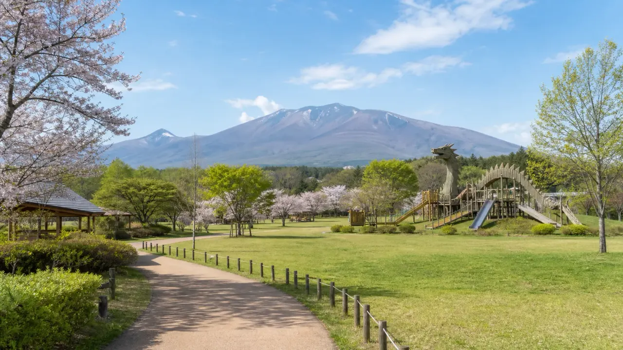 浅間山を望む芝生広場と龍を思わせる木製遊具、桜と新緑の園路がある御代田町の公園散歩イメージ