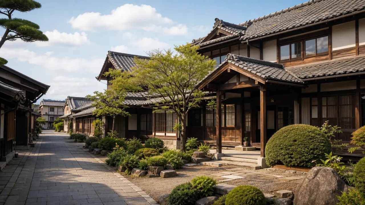 真岡の久保記念観光文化交流館を思わせる木造建築と庭、石畳の通りを歩くカバー画像