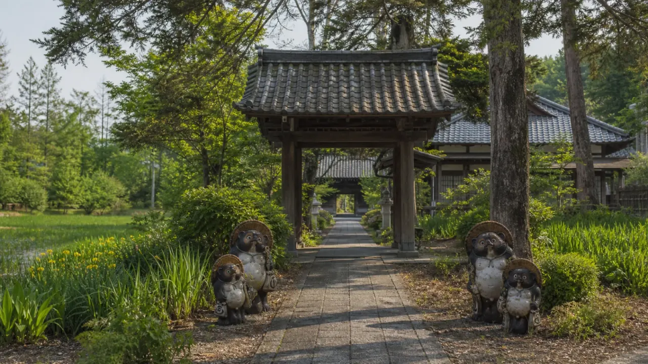 茂林寺の参道、たぬき像、緑の湿原をイメージしたカバー画像