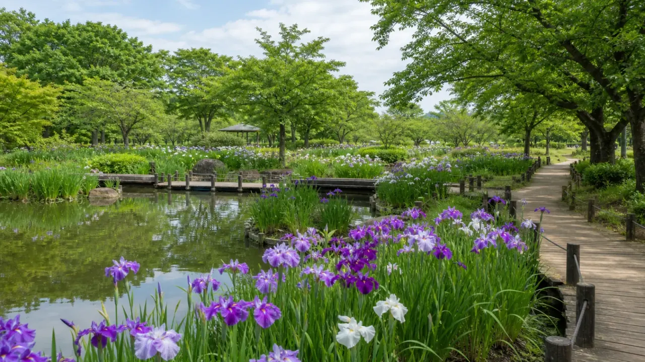 守谷市の四季の里公園で、池のまわりに花菖蒲が咲き、木道と緑が続く初夏のイメージ