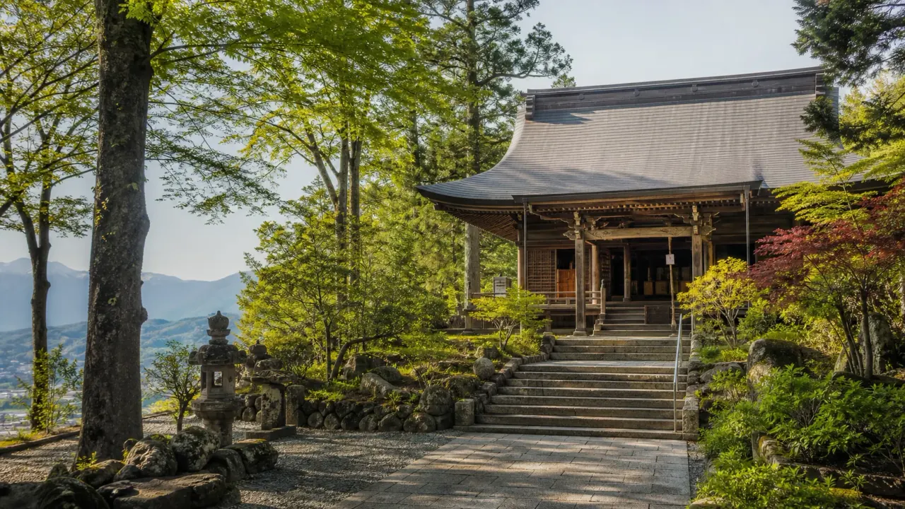 元善光寺を思わせる木造のお堂と石段、木立に囲まれた南信州の寺院風景をイメージしたカバー画像